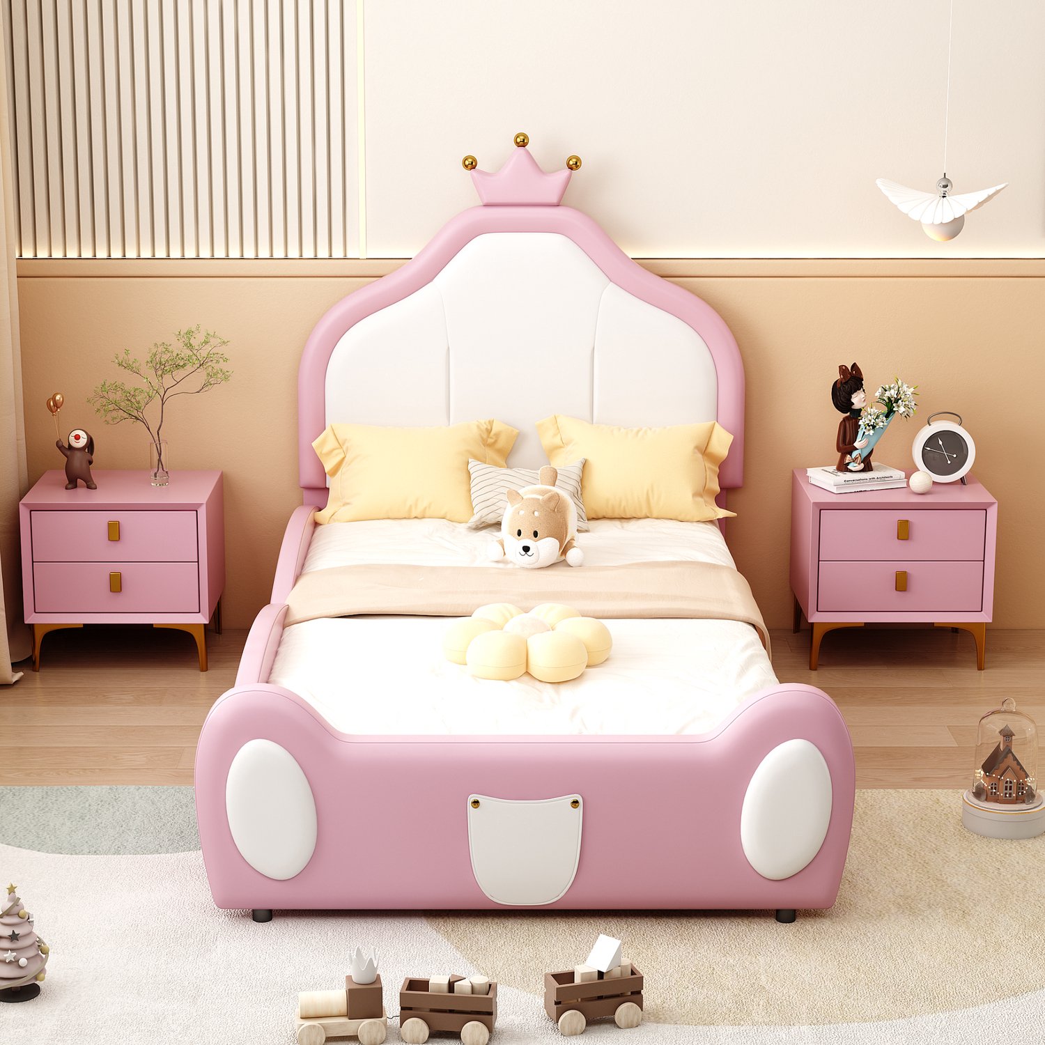 Merax Kinderbed - 90x200 cm - hoofdeinde met kroonlijst - speelse kinderbescherming - bicolor - roze - geen matras