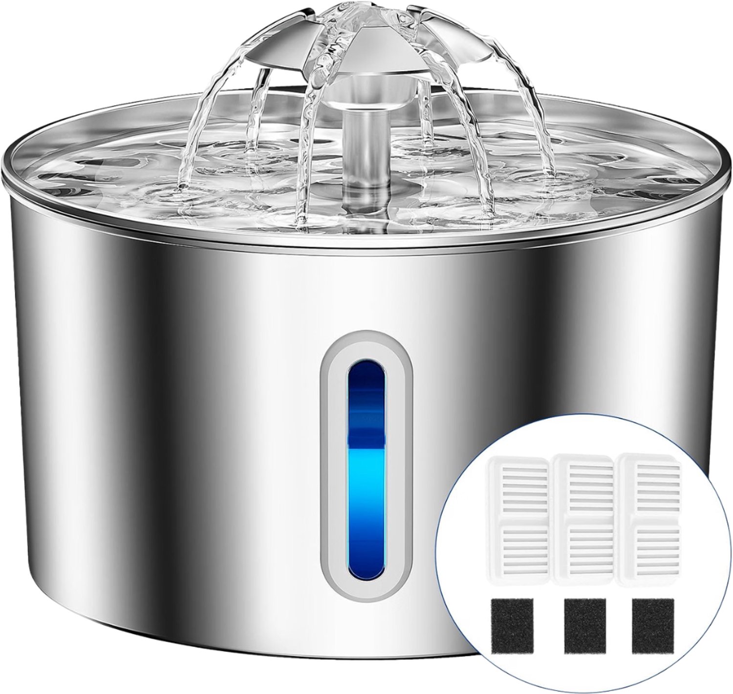 Verte - Drinkfontein Kat - Roestvrij Staal - 2,2 L - Drinkbak Voor Katten Met Viervoudige Filterkabel - Zeer Stil - Eenvoudig Schoon Te Maken - Met LED - 3 Filters En 3 Sponsjes