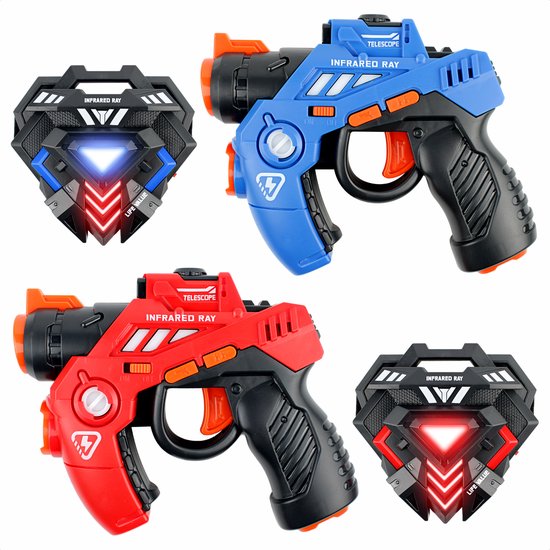 Rood en blauw laserpistool met bijbehorende polssensoren voorzien van 'Infrared Ray' tekst.