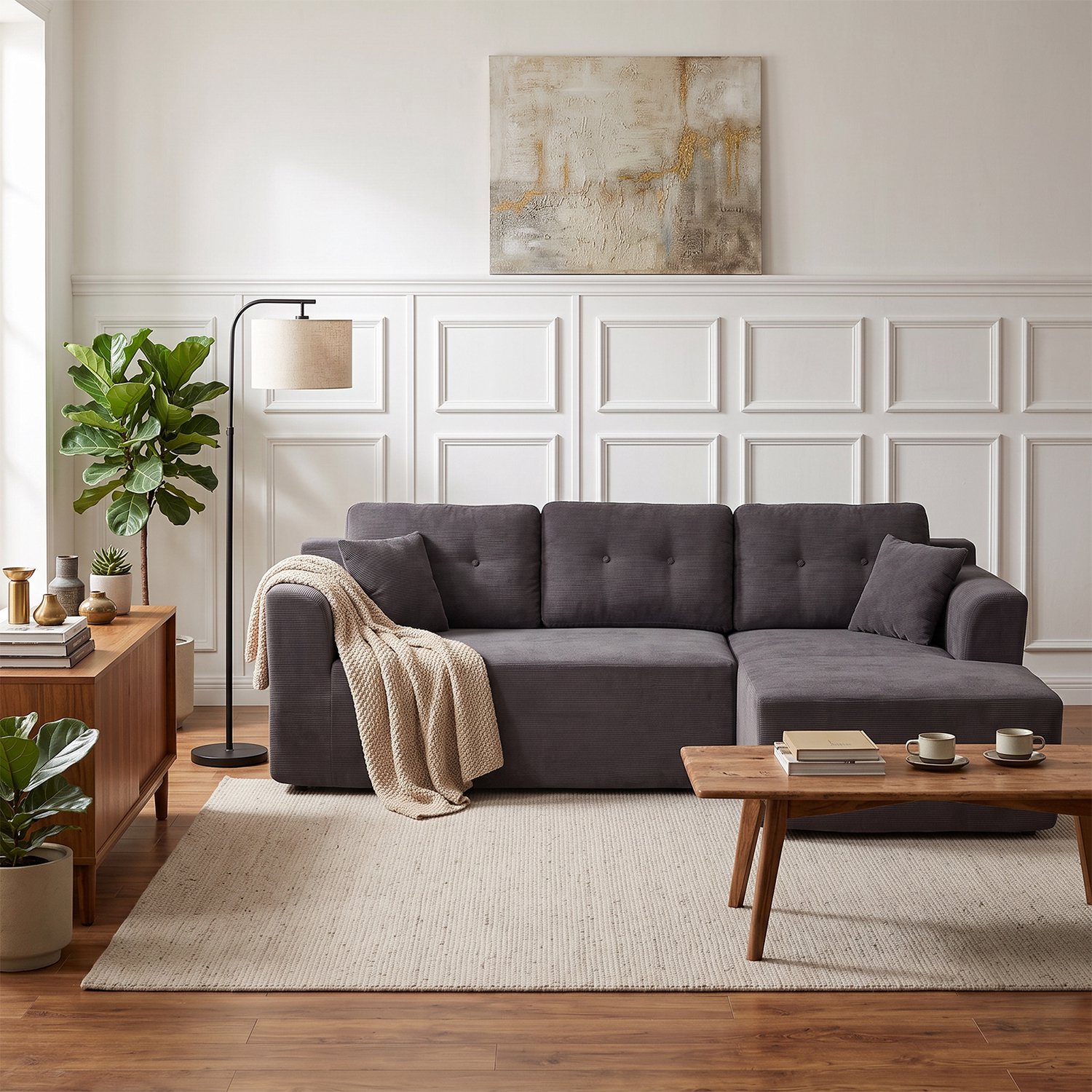 Hoekbank - gecomprimeerde cloud - dubbele chaise‑longue - poef - chenille stof - polyurethaan vulling - donkergrijs - voor woonkamer