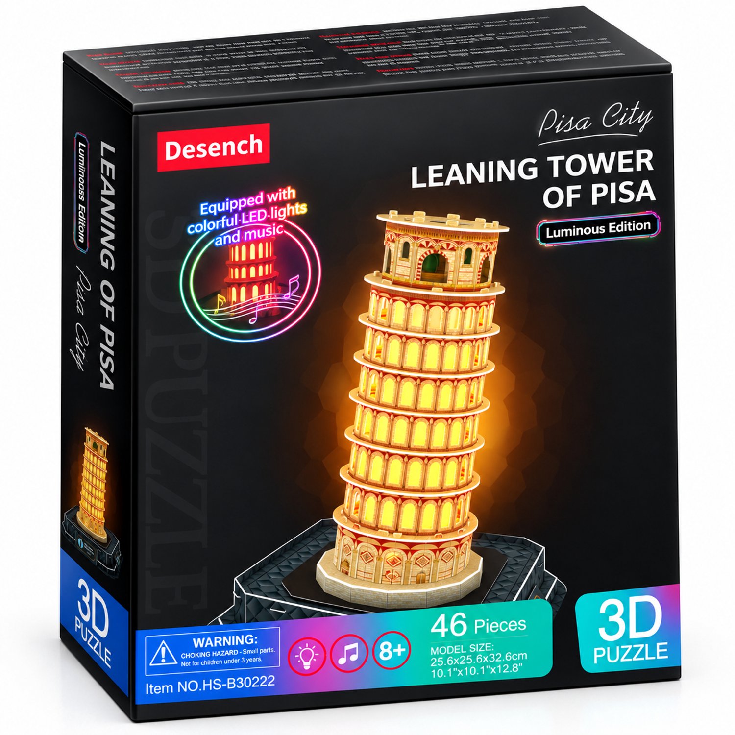 JN® 3D Puzzel Toren van Pisa – LED Verlicht – 46-delig Bouwpakket – Zonder Lijm – 8+