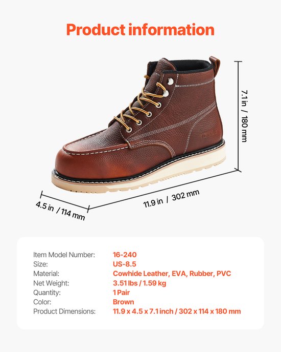 Productinformatie: bruine leren werkschoenen maat 8.5 met afmetingen en gewicht.