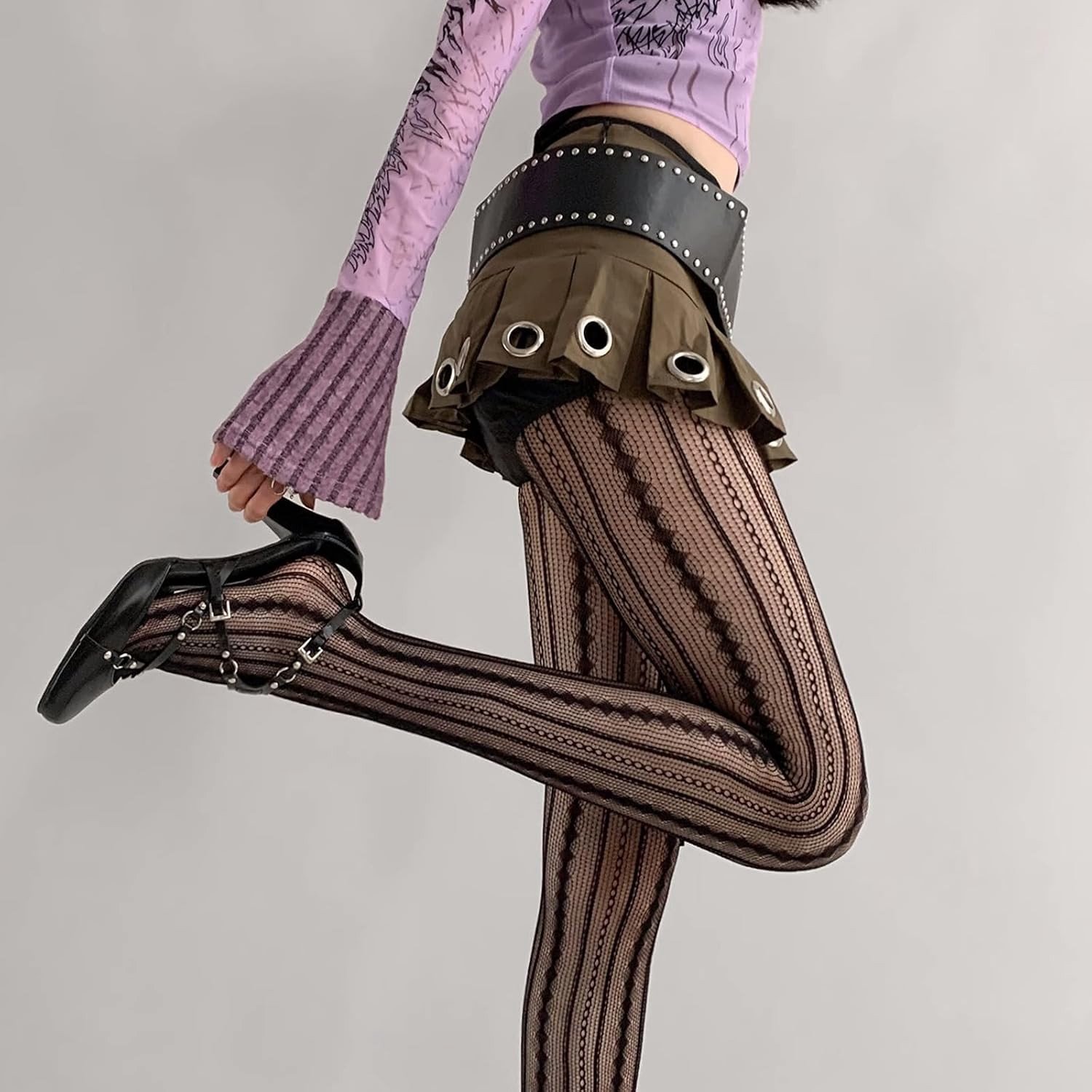 Geometrisch Gestreepte Visnet Panty Kousen met Holle Motieven voor Dames - Mode, Comfort en Stijl