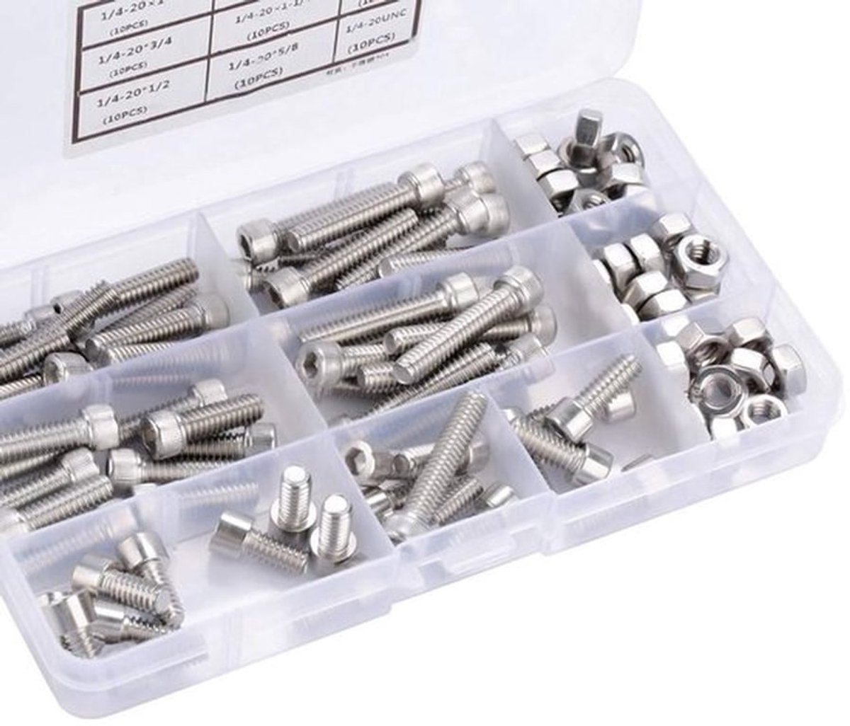 Roestvrij stalen zeskantschroeven assortiment kit, 90 stuks, 1/4-20 Unc Home Improvement Tools