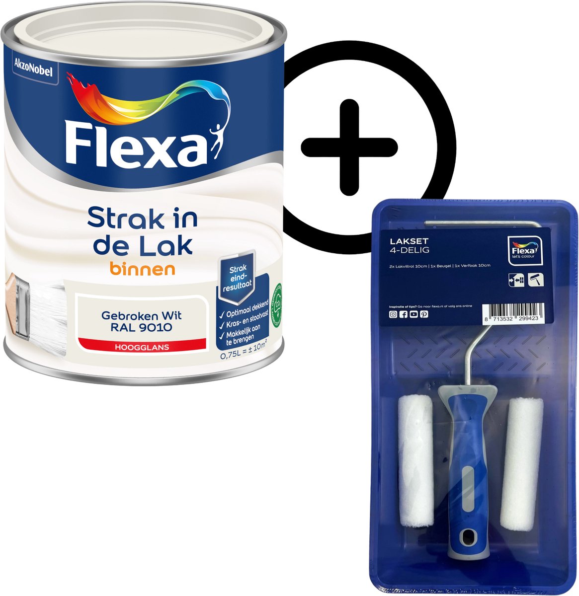 Product Bundel: Flexa - Strak In De Lak Binnenlak - Hoogglans - Gebroken Wit / Ral 9010 - 750 Ml + Flexa Lakset