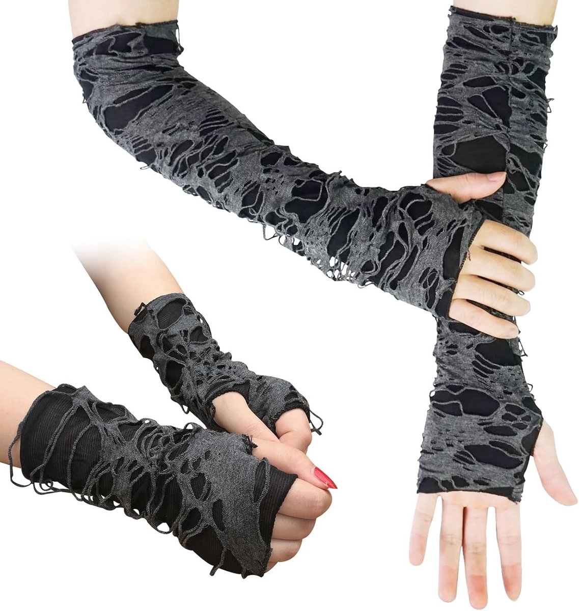 2 Paar Lange Vingerloze Armwarmers met Duimopening voor Dames en Meisjes - Perfect voor Halloween Kostuums en Goth Stijl, Zwart