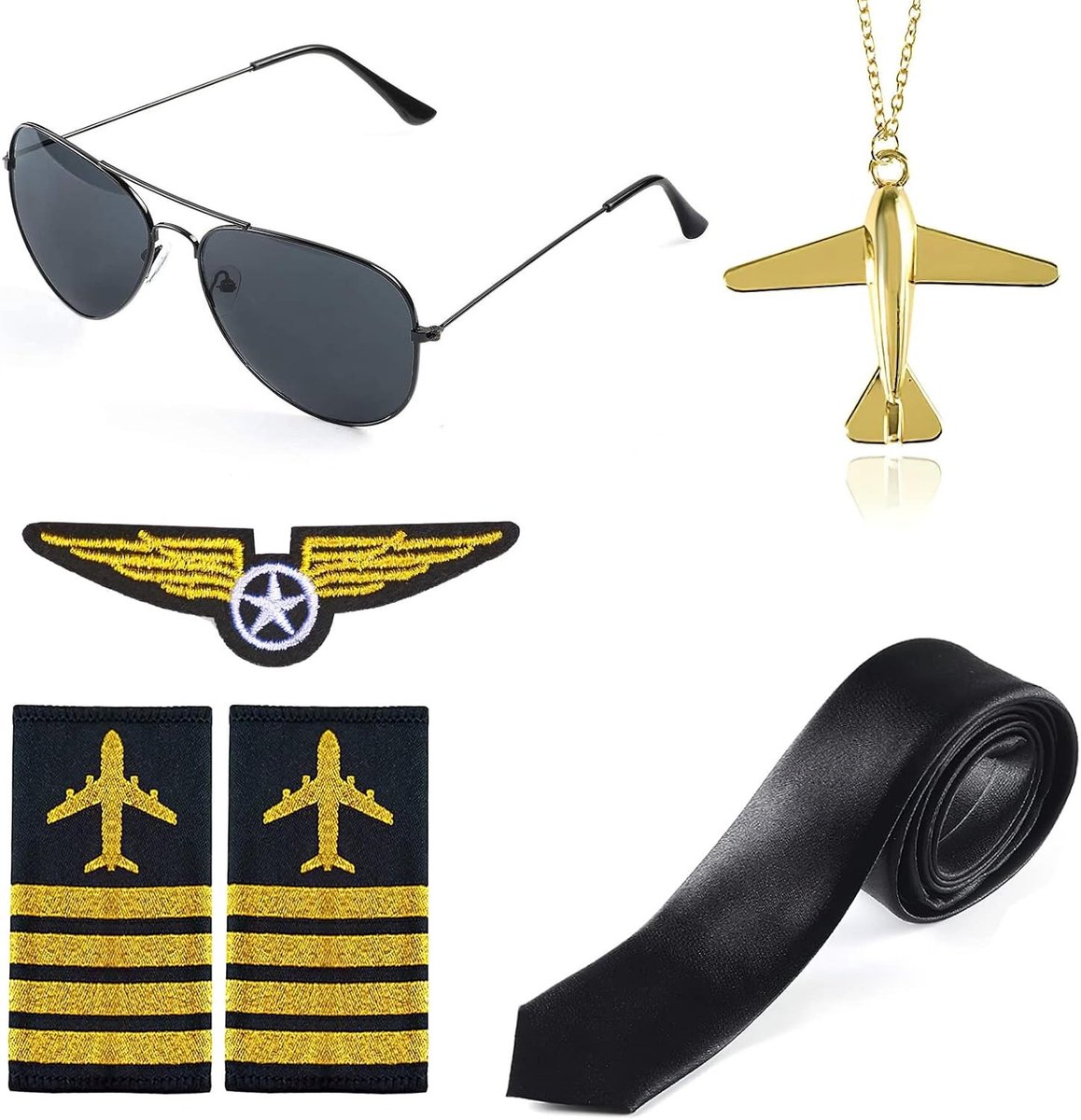 Piloten Kostuum Accessoires Set, Zonnebril, Stropdas Speld en Schouder Badge voor Mannen, Ideaal voor Halloween en Cosplay Feestjes