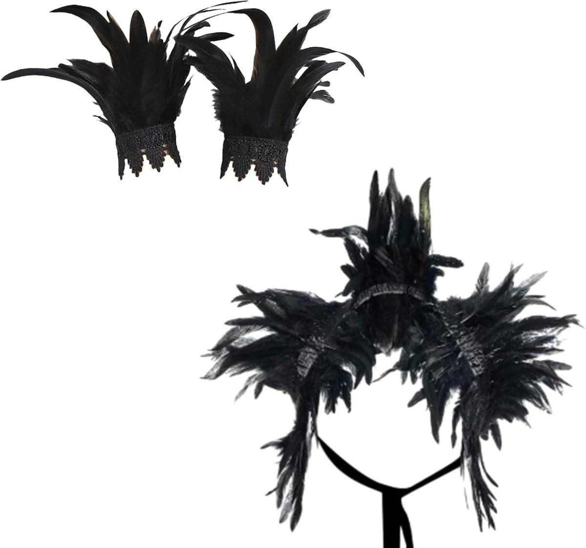 Sierlijke veren ketting en armband met schouderband en sjaal voor Halloween kostuum en cosplay feestjes