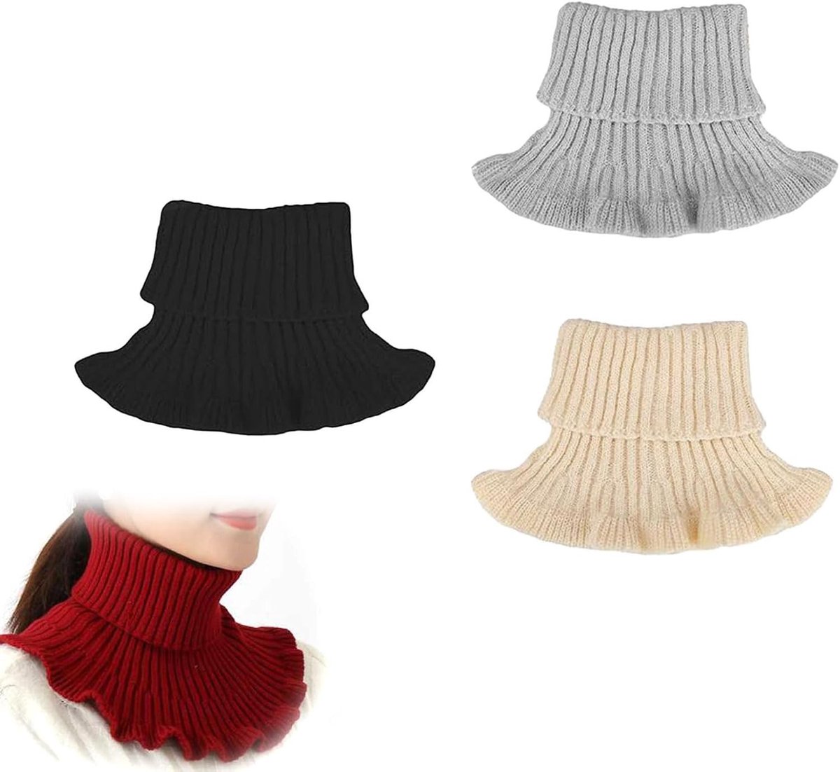 Vrouwelijke 4-delige Neppullover met Verwijderbare Col - Warme Gebreide Turtleneck en Sjaal voor Koude Bescherming in Zwart, Bordeaux, Grijs en Beige