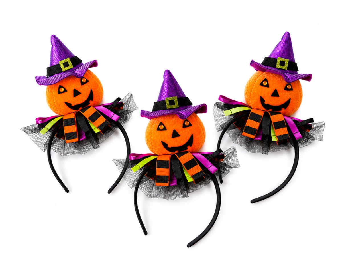 Halloween Diadeem Pompoen met Heksenhoed – Set van 3 – Halloween Haarband voor Kinderen & Volwassenen – Verkleed Accessoire Oranje/Paars