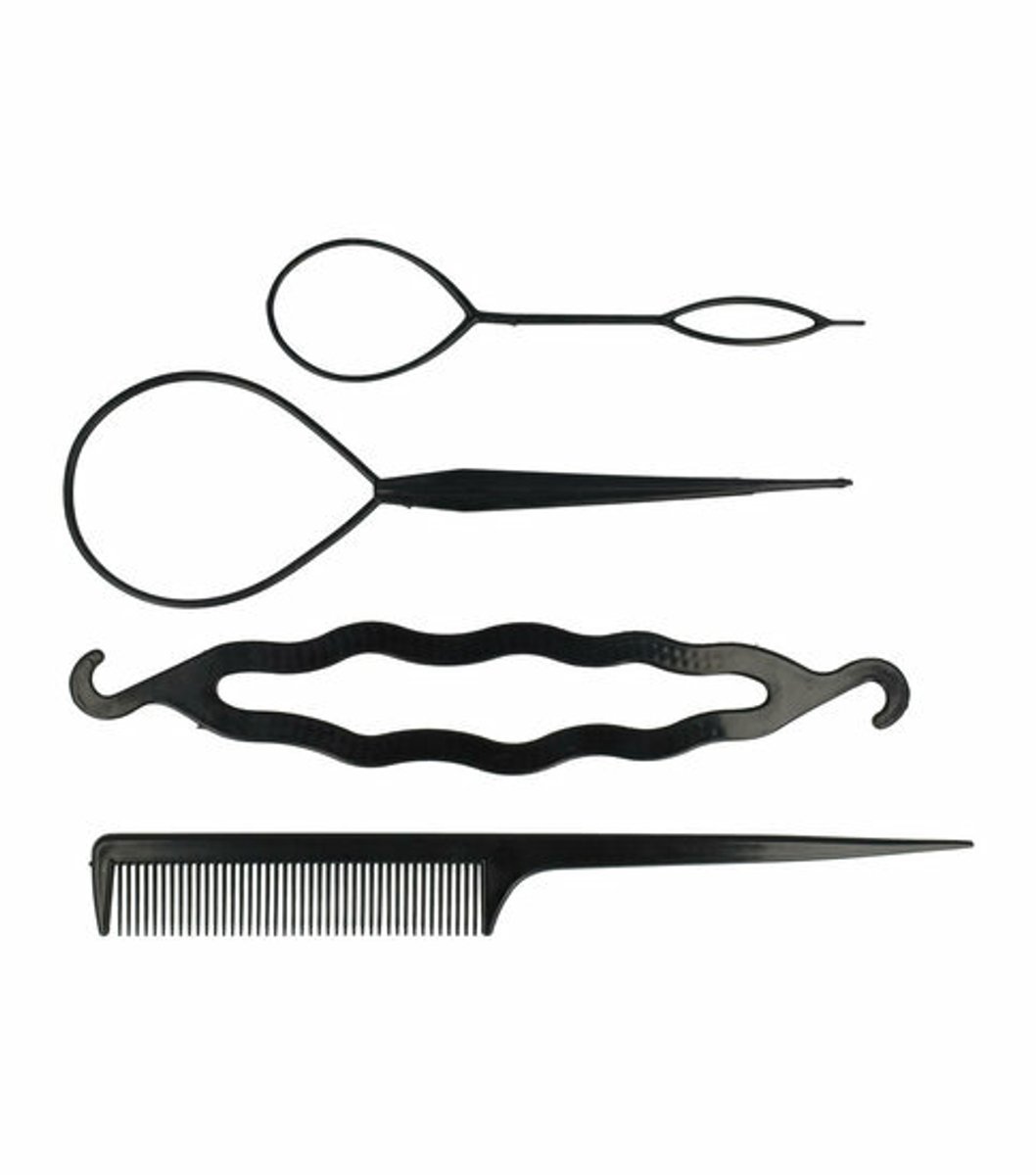Haarsoires Haarstyling Set – Topsy Tail Knotrolband Puntkam – Kunststof – Zwart – 4 Stuks - Haarstyling - Voor Vlechten, Knopen & Hair Loops - Vlechten, Twists & Kapsels
