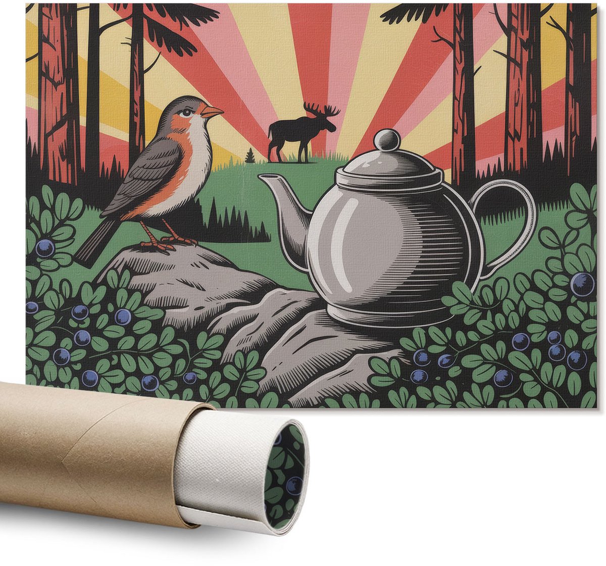 Coloray Polycanvas Wandposter – Kamperen in het Bos, Groen – A1 – Zwart-Wit Kunstwerk – Rechthoek – Canvas Wandposter – Slaapkamer – Glamour