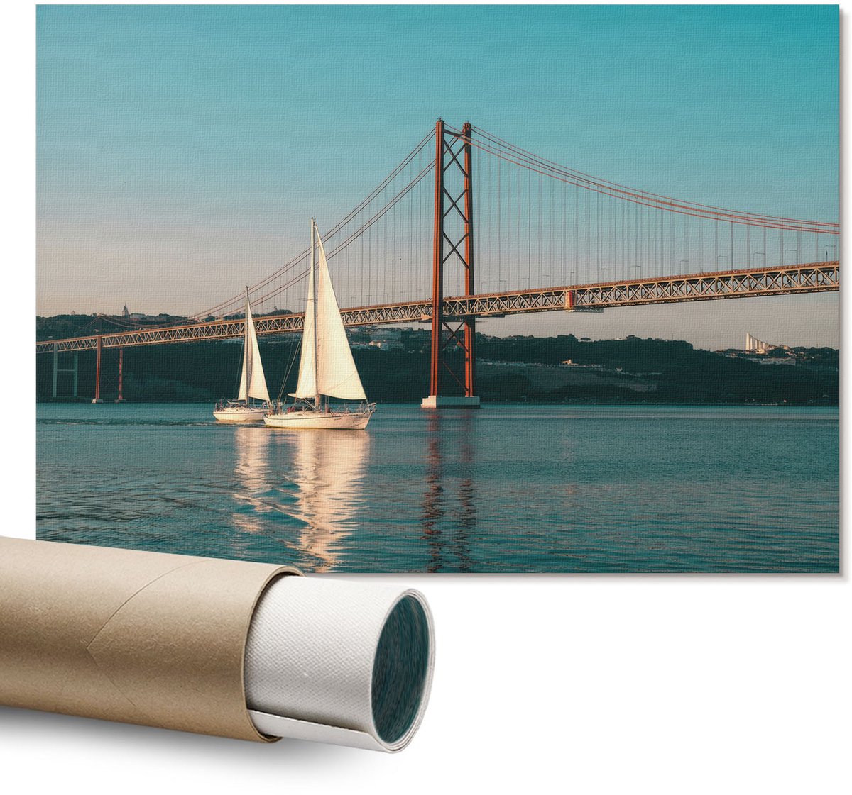 Coloray Polycanvas Wandposter – Brug Met Zeilboten, Blauw – A1 – Zwart-Wit Design – Rechthoek – Wandkunst – Woonkamer – Klassiek
