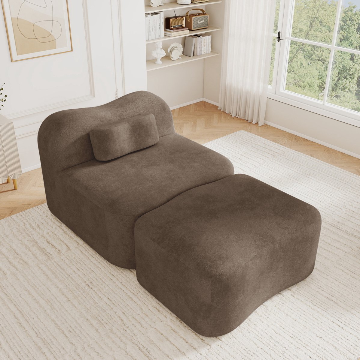 OKWISH Zitbank 1-Zits 167 cm - Modulaire Bank Zonder Frame Met Ottoman En Zachte Velours Bekleding - Voor Woonkamer, Appartement En Slaapkamer - Bruin