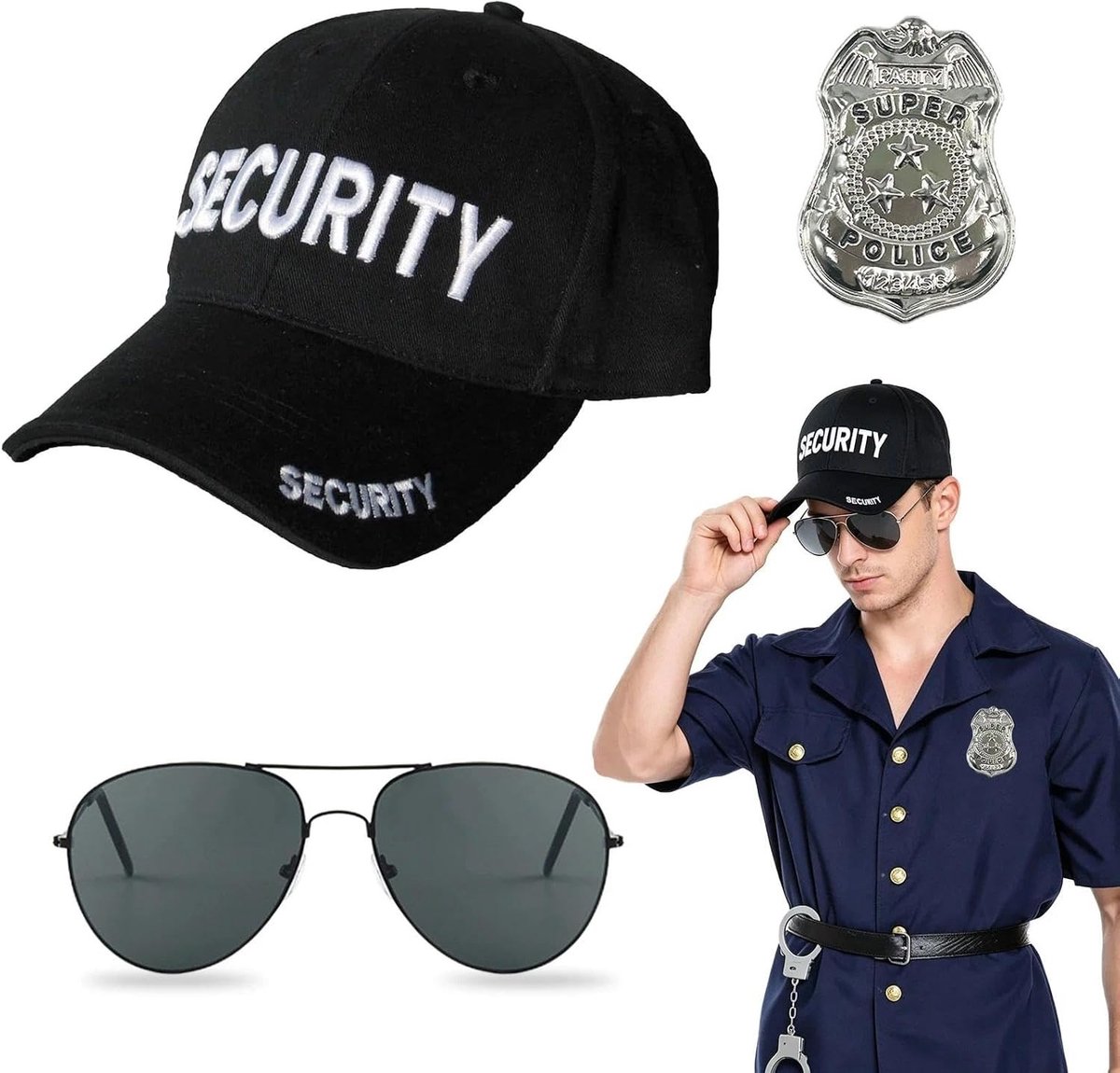 3-delige Politiekostuum Set met Veiligheidshelm, Zonnebril en Politie Badge voor Halloween en Verkleedfeestjes