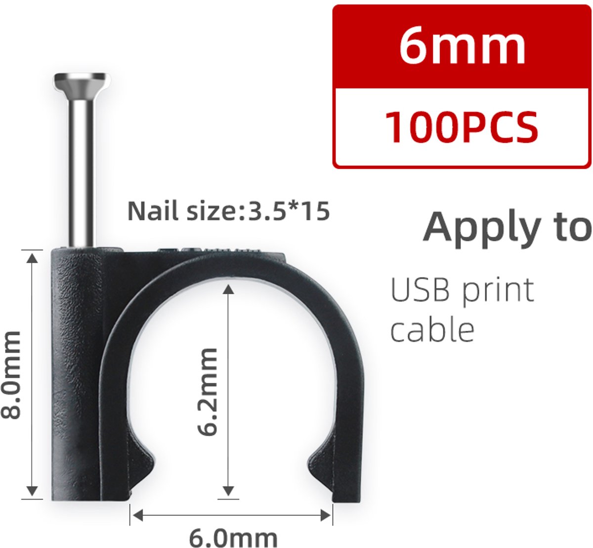 Ronde kabelclips met nagel – 100 stuks – zwart – 6 mm