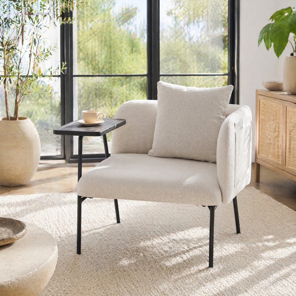MODFU-Fauteuil-Beige-Chenille-Met Armleuningen-Bijzettafel
