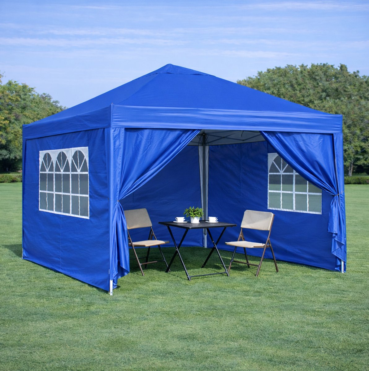 Wishdor Partytent - 4 dichte zijkanten met ramen en ritsopening - Opvouwbaar stalen frame, waterdicht en uv 50+ - Voor tuin terras feest camping - Blauw - 300 x 300 x 211 cm