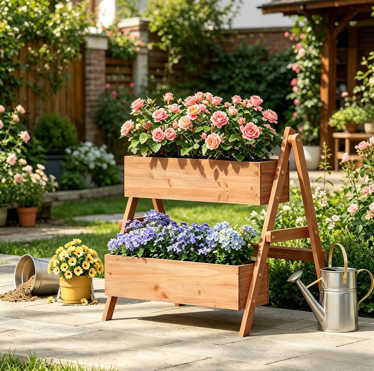 Wishdor Staande plantenbak - 2-laags trapvormig - Voor binnen & buiten - Voor bloemen groenten kruiden aardbeien - Hout - Bruin - 80 x 62 x 68 cm
