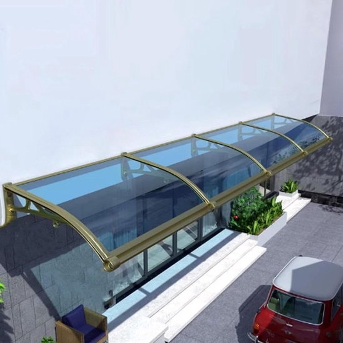 Gebogen Deuroverkapping - Voordeur Luifel Afdak - Bescherming Buiten - Polycarbonaat Met Aluminium - 60x190cm - Champagne