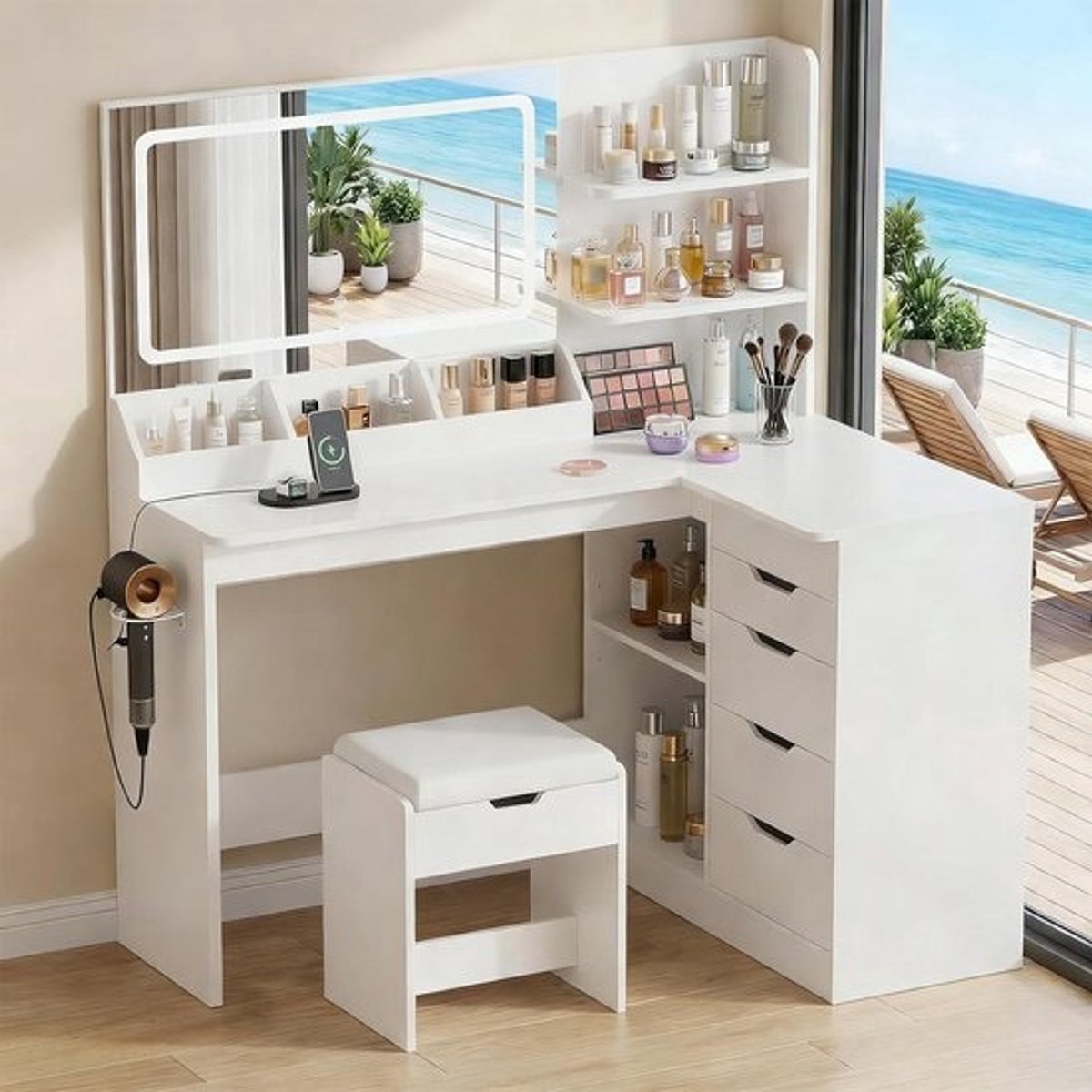 Make Up Tafel met Spiegel - Kaptafel voor Meisjes - Hollywood Spiegel met Verlichting - Opbergruimte