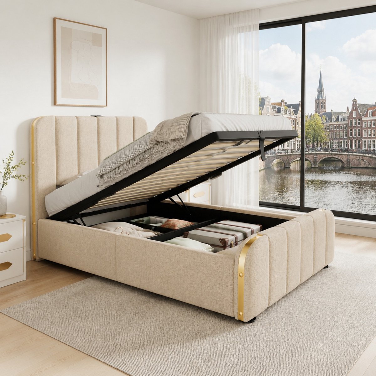 WUVRIE Bedframe 90x200 cm met opbergruimte, lattenbodem, USB Type-C en beige stoffering