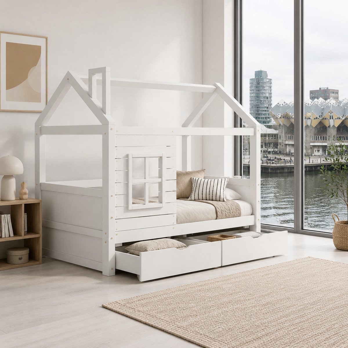 WUVRIE Huisbed kinderbed 90x200 cm met uitvalbeveiliging, lattenbodem en 2 opberglades, wit