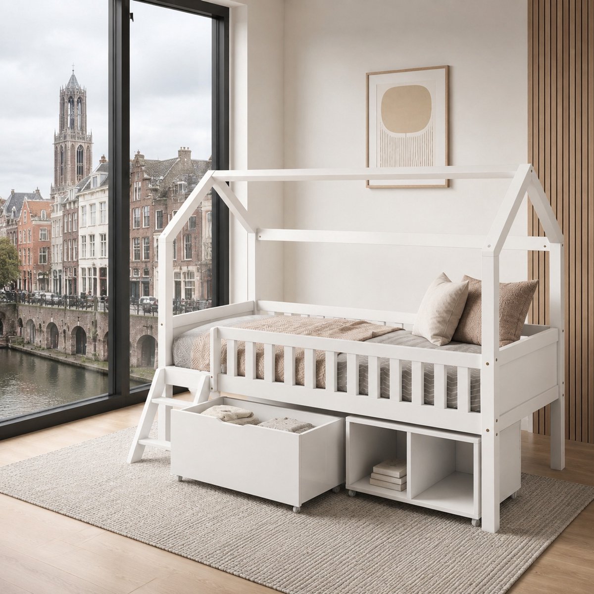 WUVRIE Kinderbed 90x200 cm in huisvorm met lades, opbergruimte en uitvalbeveiliging, wit