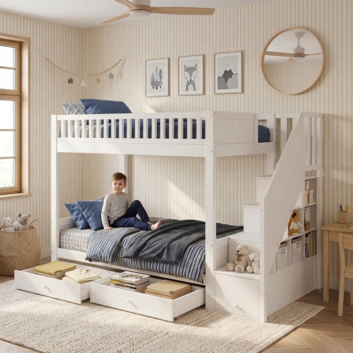 Clruro Kinder Stapelbed 90x200 cm - Met Opbergtrede en 2 Bedladen - Rausvalbescherming en Ruimtebesparend - Dennenhout/MDF - Wit