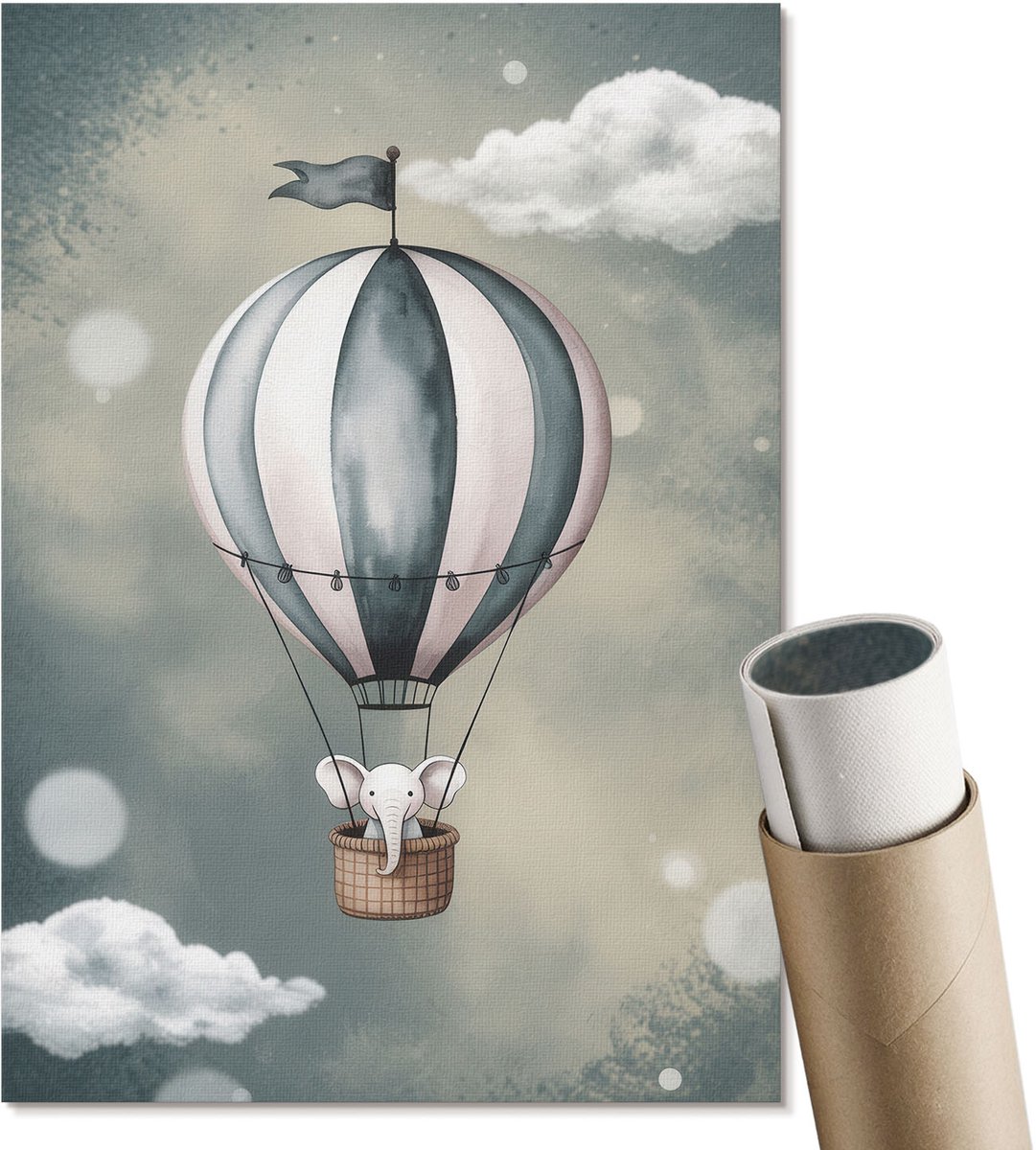 Coloray Polycanvas Wandposter - Olifant In Een Ballon, Illustratie - A4 - Grijs Illustratie - Rechthoek - Muurkunst - Woonkamer, Slaapkamer, Kantoor - Kinder