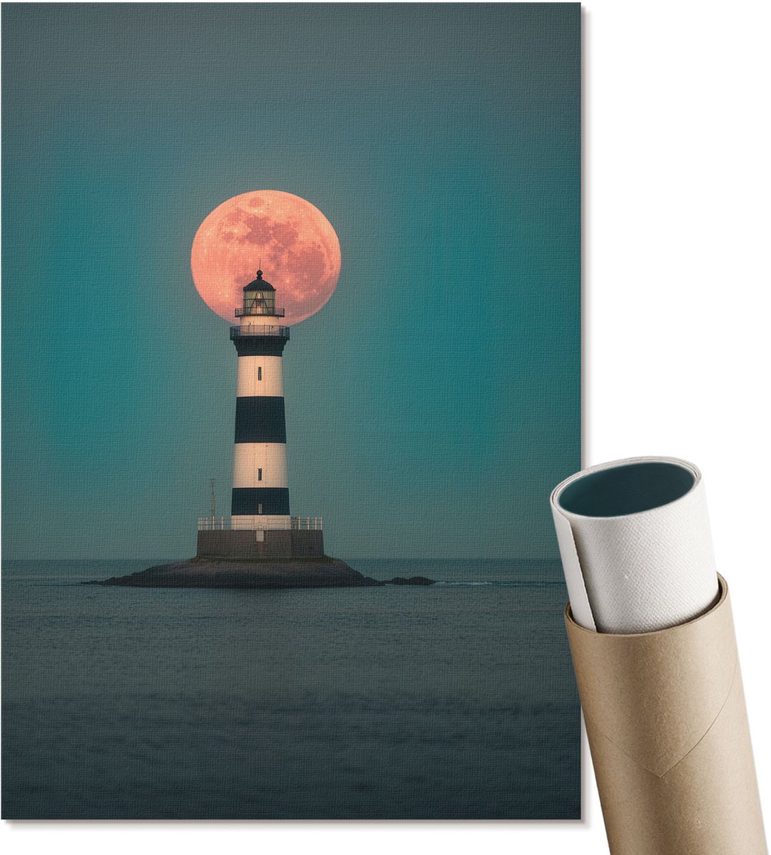Coloray Polycanvas Wandposter - De Vuurtoren En De Maan, Fotografie - A4 - Blauw Motief - Rechthoek - Canvasposter - Woonkamer, Slaapkamer, Kantoor - Romantisch