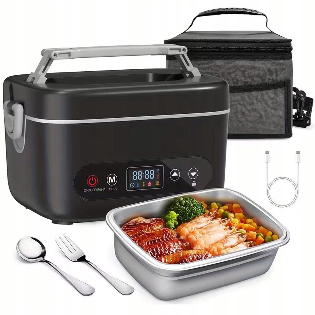 Elektrische Lunchbox - Verwarmde Bento Box - Thermos Lunchbox - 100W - 1200 ml - Touchscreen - Lekvrij - 2-3u Warm - met Isolatietas & Bestek - 24000 mAh - Oplaadbare Broodtrommel - Voor Auto & Thuis & Kantoor - Zwart/Grijs