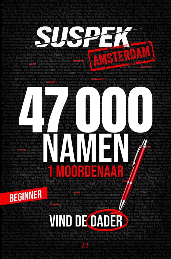 Boekcover van "SUSPEK - Moord in Amsterdam" met tekst "47.000 Namen" en "Vind de Dader".
