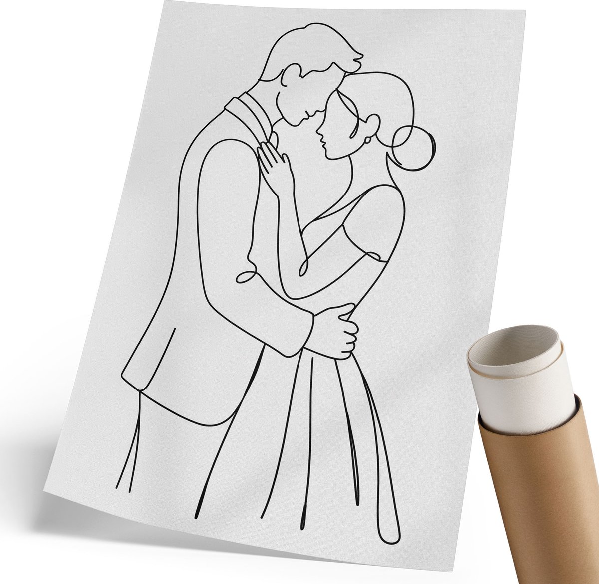 Coloray Polycanvas Poster - Romantisch Stel, Lijntekening - 210 x 297 mm - Wit Wandposter - Rechthoek - Muurdecoratie - Woonkamer, Slaapkamer, Kantoor - Romantisch