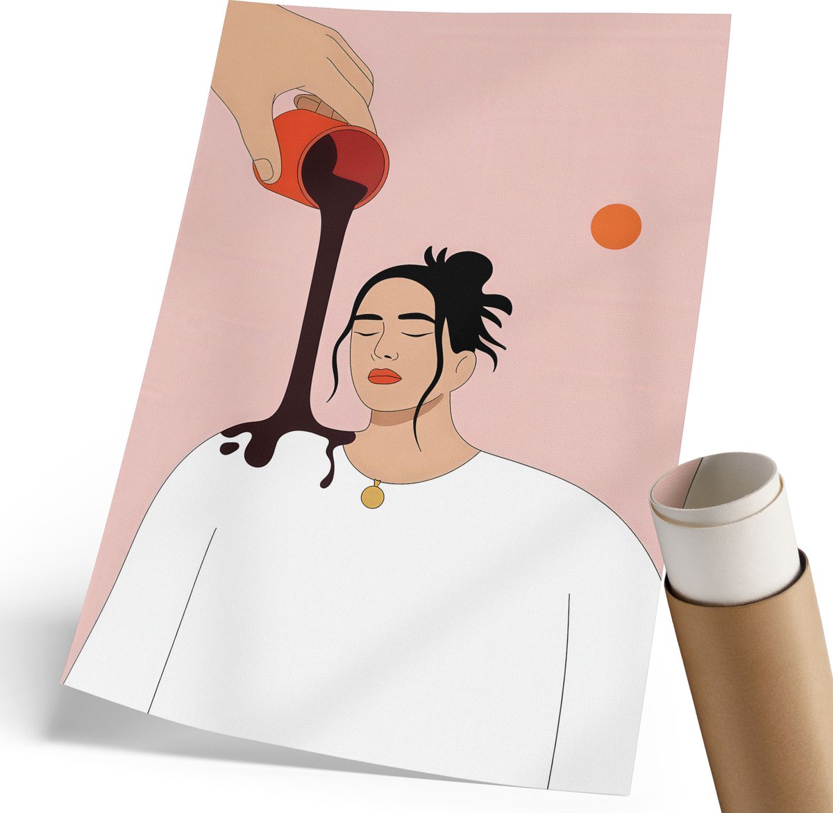 Coloray Polycanvas Poster - Koffie Inschenken, Illustratie - 210 x 297 mm - Roze Design - Rechthoek - Wandkunst - Woonkamer, Slaapkamer, Kantoor - Expressief