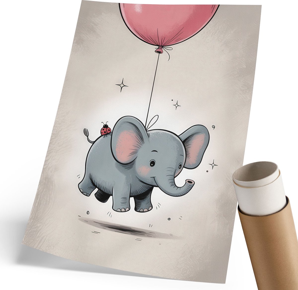 Coloray Polycanvas Wandposter - Olifant Met Een Ballon, Illustratie - 210 x 297 mm - Grijs Design - Rechthoek - Wandkunstwerk - Woonkamer, Slaapkamer, Kantoor - Kinder