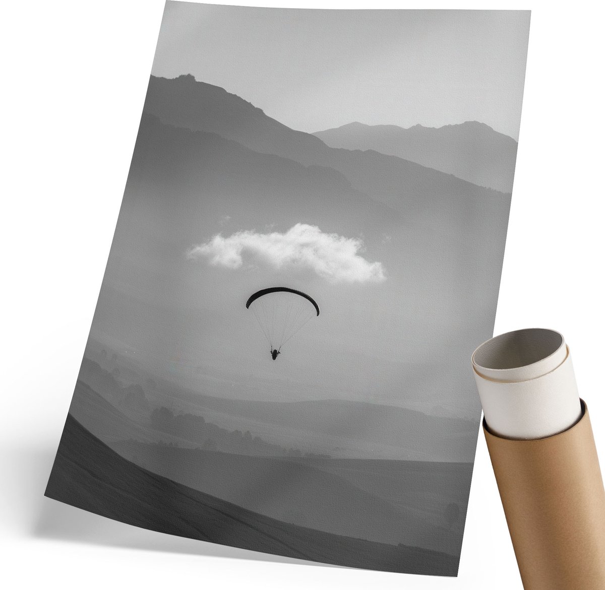 Coloray Polycanvas Wandposter - Paragliden In De Bergen, Fotografie - 210 x 297 mm - Grijs Decoratie - Rechthoek - Muurkunst - Woonkamer, Slaapkamer, Kantoor - Minimalist