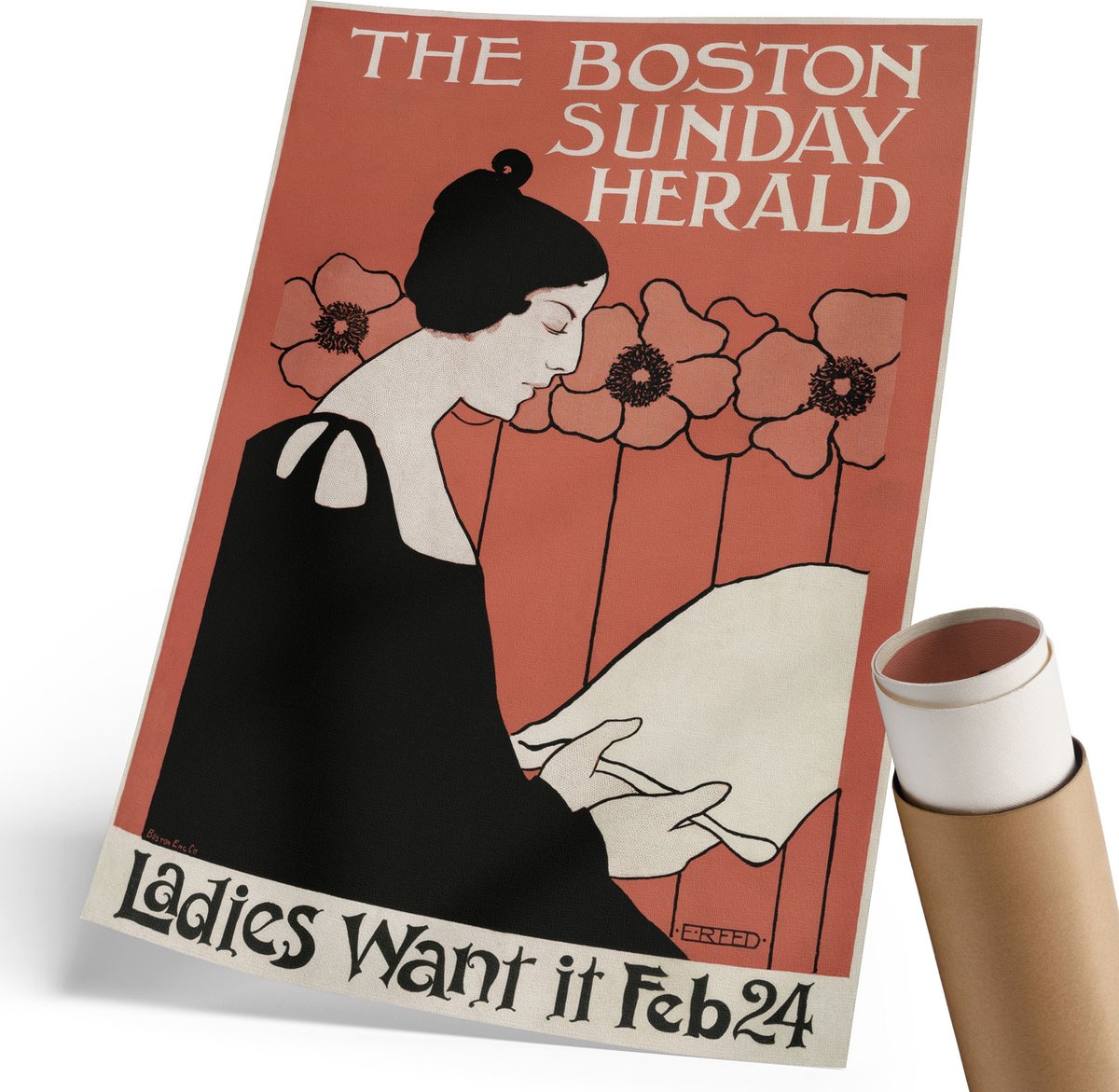Coloray Polycanvas Wandposter - Vrouw Met Een Krant, Poster - 210 x 297 mm - Rood Wanddecoratie - Rechthoek - Interieurdecoratie - Woonkamer, Slaapkamer, Kantoor - Art deco