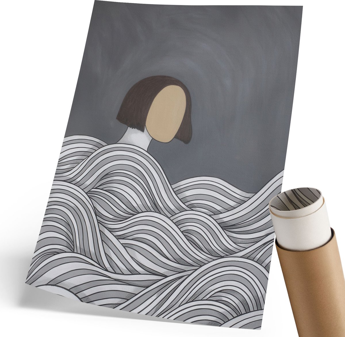 Coloray Polycanvas Poster - Een Figuur In De Golven, Illustratie - 210 x 297 mm - Grijs Illustratie - Rechthoek - Kunstposter - Woonkamer, Slaapkamer, Kantoor - Expressief