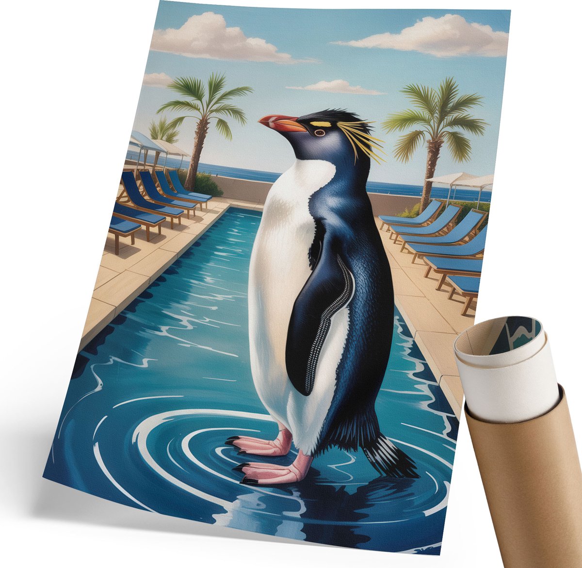 Coloray Polycanvas Poster - Pinguïn Op Vakantie, Illustratie - 210 x 297 mm - Blauw Illustratie - Rechthoek - Decoratieve poster - Woonkamer, Slaapkamer, Kantoor - Expressief