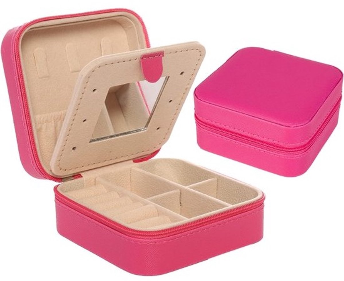 Reis Sieradenkistje - Sieraden Opberger - Veilig Meenemen - Met Mini Spiegel - 10x10x5 cm - Roze