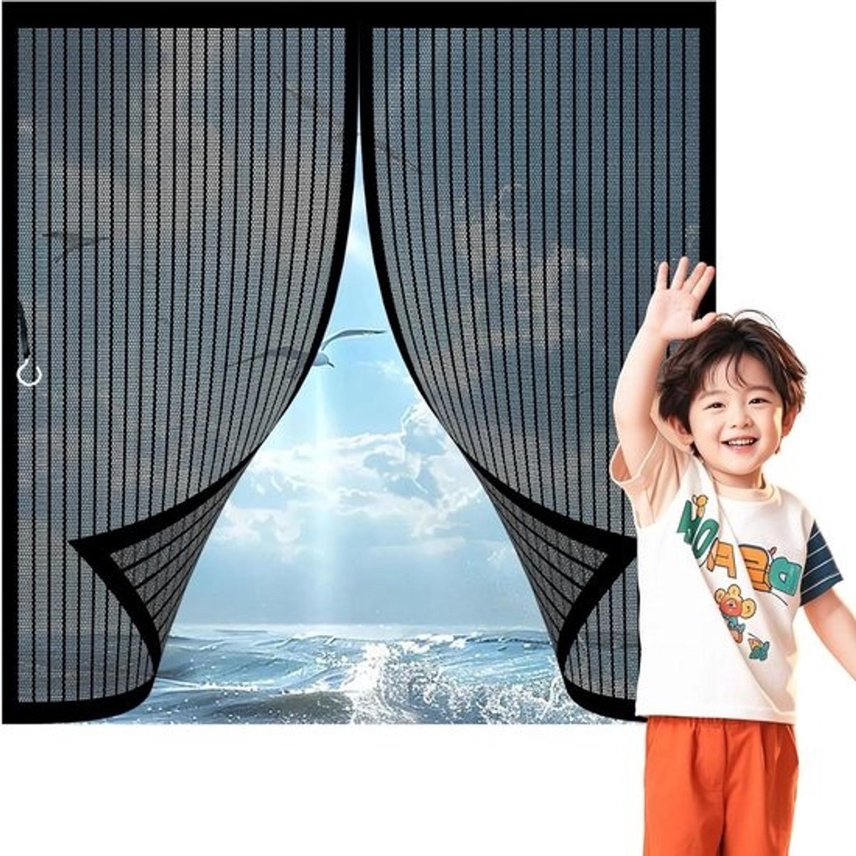 Magnetisch Vliegenhorgordijn - Muggenhor Deur Horrengaas - Insecten Buiten Houden - Handsfree Automatische Sluiting - 146x170 cm - Zwart