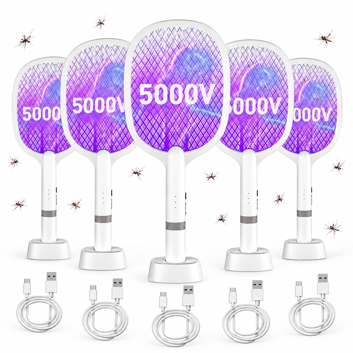5000V Electric Fly Elektrische Vliegenmepper, Extra Sterke Vliegenmepper Elektrisch, 2 in 1 USB Type-C Elektrische Muggenmepper met Oplaadbare Batterij & UV Lichtval voor Muggen, Vliegen - 5 stuks