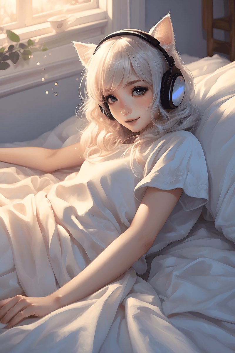 Kattemeisje Poster - Bed Lofi - Anime - Retro - Karaktervolle - posters - formaat 70x100cm - Wanddecoratie - L2449MT