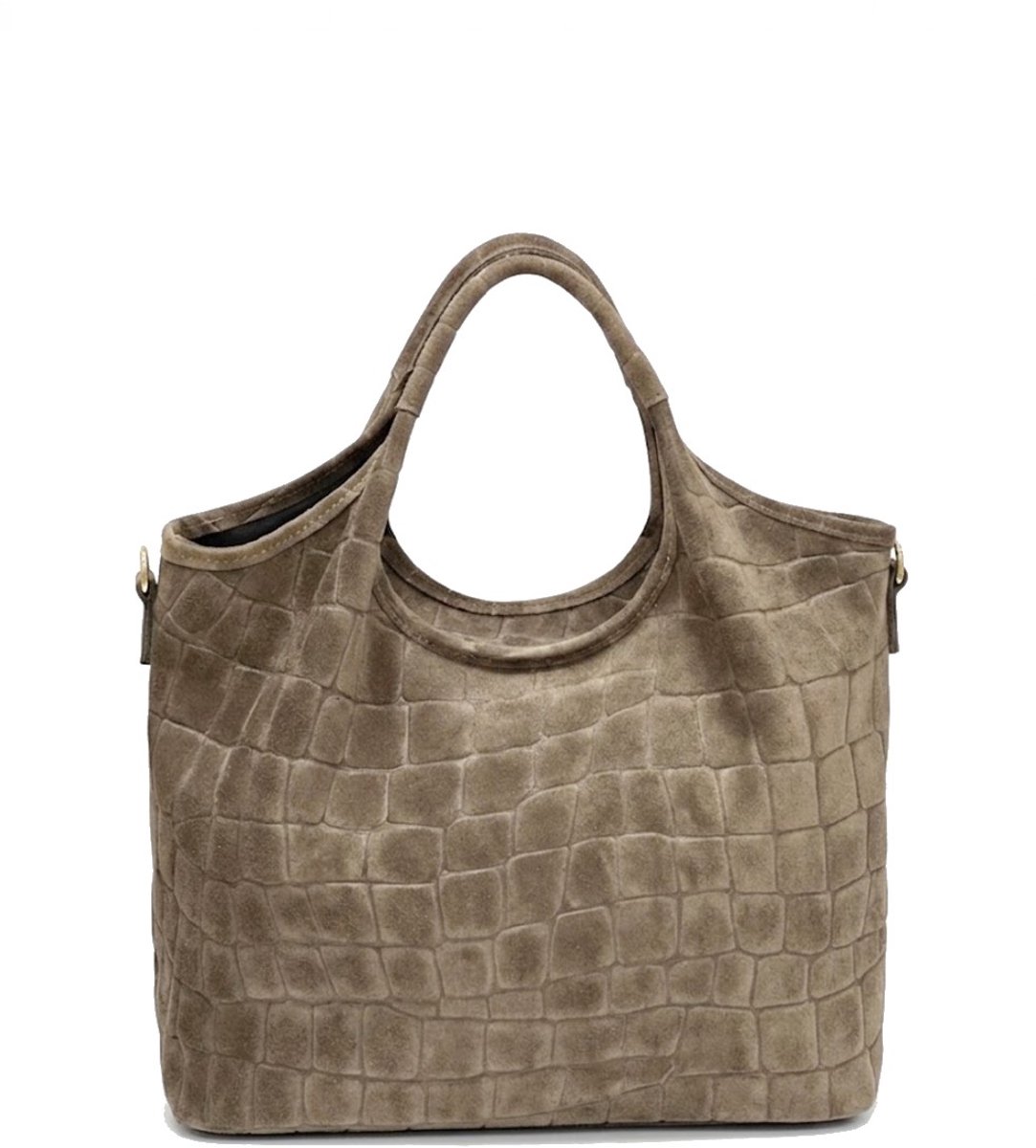 Taupe Suède Schoudertas Crocoprint - Ruime Leren Handtassen - Extra Lang Hengsel - Goud Beslag - Taupe