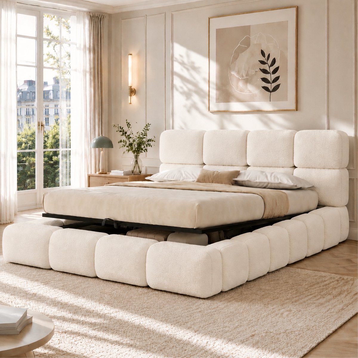 DESMIU Gestoffeerd Bed 180x200 cm – Hydraulisch Opbergbed Met Lattenbodem – Rond Wolkendesign Met Hoofdbord – Voor Slaapkamer – Bouclé – Wit – Zonder Matras