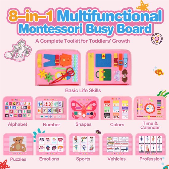 Busy Board - Montessori Speelgoed - Activiteitenboek - Busy Book - Sensorisch Speelgoed - Educatief Speelgoed - Reisspeelgoed - Fijne Motoriek - Cadeaus voor meisjes - Peuter Speelgoed - Voor in de auto - Voor onderweg - Roze — afbeelding 5