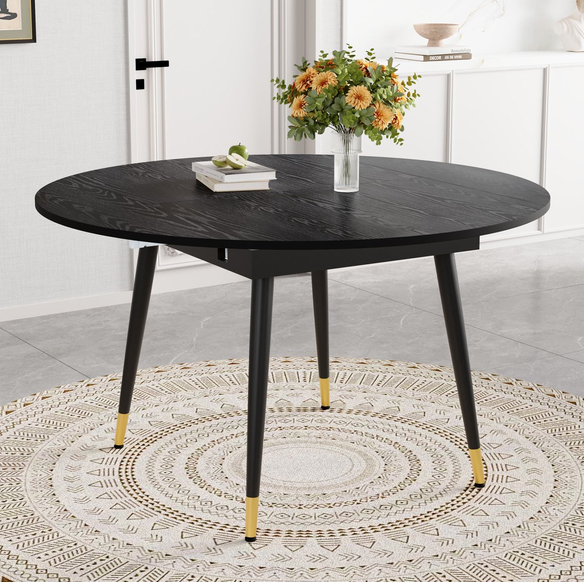 MODENUIT Eettafel - Uitrekbaar Van Rond Naar Ovaal - Voor Keuken En Eetkamer - MDF En Metaal - 135 Cm - Zwart