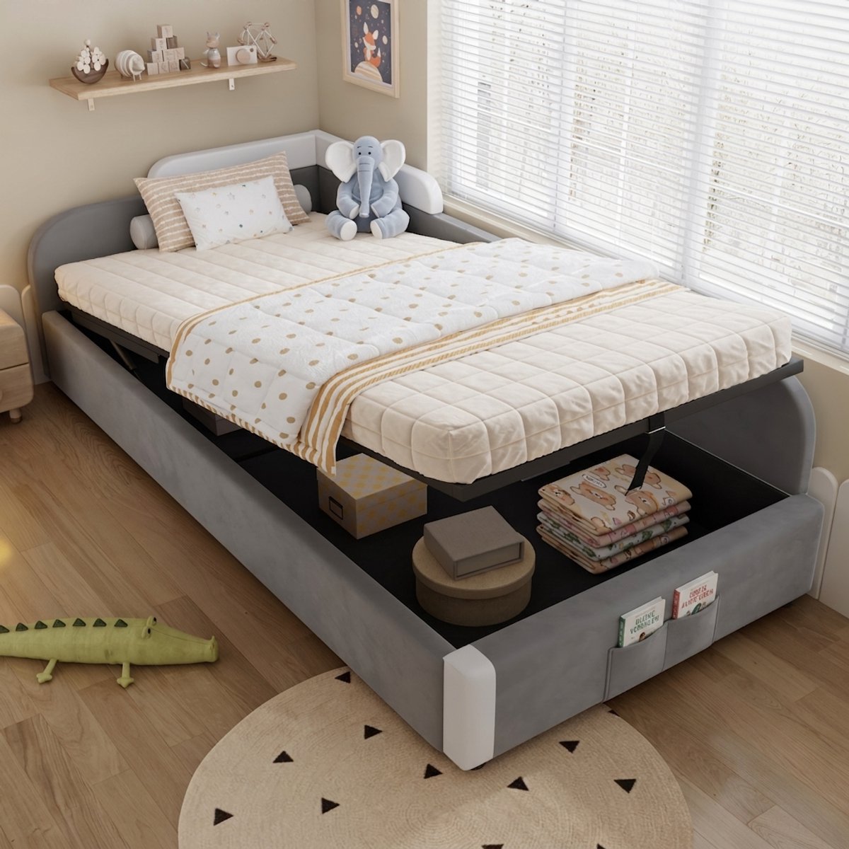 Hydraulisch opbergbed - Grijs fluwelen kinderbed - Met uitvalbeveiliging - Opbergtas aan het voeteneind - 150 kg - Voor kinderkamer - 90x200 cm - Grijs