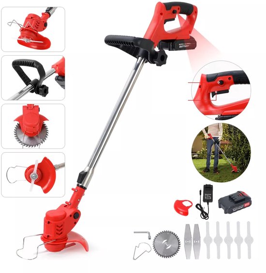 Draadloze Elektrische Grasmaaier Van 650W - 3 Soorten Messen 21 V 2000 mAh Accu 18.000 tpm Telescopische Handgreep Lichtgewicht 1,5 kg - Voor Grasmaaien En Tuinonderhoud - Rood — afbeelding 3